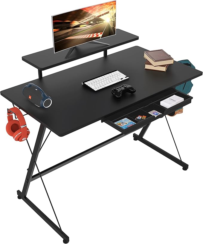 SHW 40-Inch Gaming Desk with Monitor Riser, Drawer and Hooks, Black