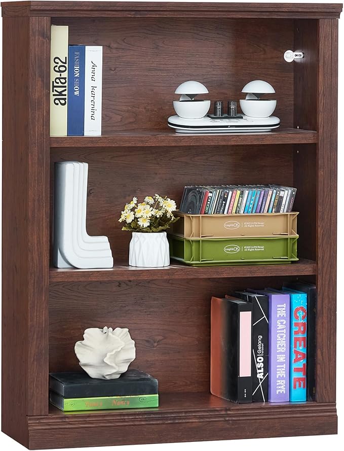 43" Walnut Tall Bookshelf,3-Tier Thick Wooden Book Shelf with Adjustable Shelves,Free Standing Farmhouse Bookcase with Open Display Storage,Floor Vintage Bookshelves for Living Room,Office