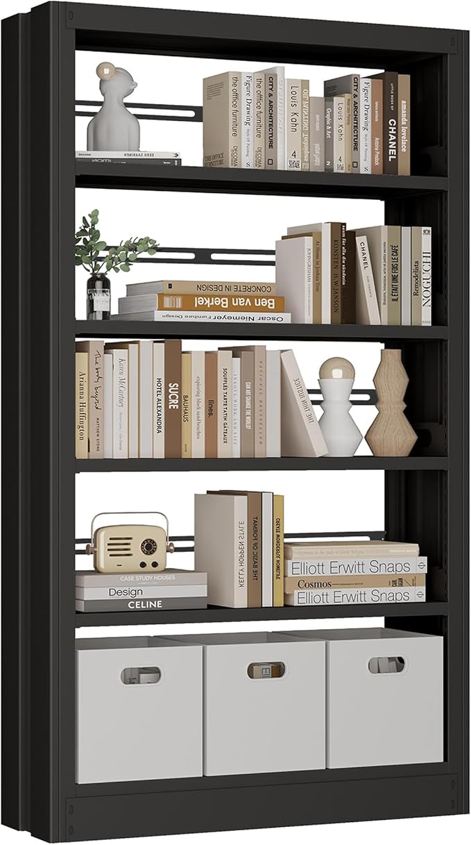5-Tier Metal White Bookshelf, 71" Tall Library Bookshelf, White Bookshelf with Adjustable Storage Shelves, Modern Bookcase for Living Room, Library, Office, or Bedroom, Includes Book Stoppers (Black)