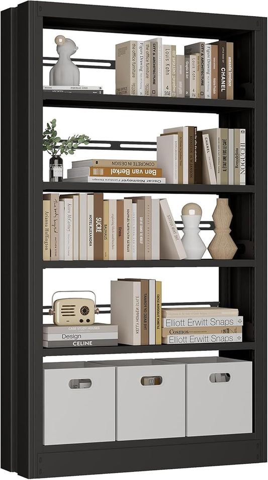 5-Tier Metal White Bookshelf, 71" Tall Library Bookshelf, White Bookshelf with Adjustable Storage Shelves, Modern Bookcase for Living Room, Library, Office, or Bedroom, Includes Book Stoppers (Black)