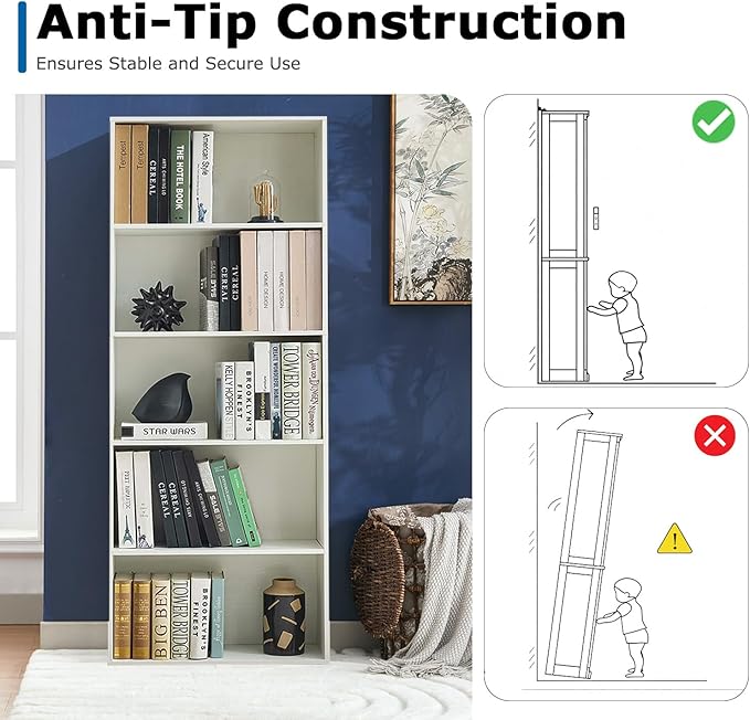 Bookshelves and Bookcases,5-Tier Double Open Storage Shelf, Floor Standing Display Storage Shelves for Home Office, Living Room, Bedroom