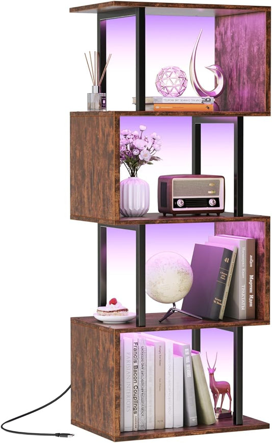Furologee 5 Tier Geometric Bookshelf with LED Light, Small S-Shaped Bookcase, Industrial Display Standing Shelf, Metal Wooden Decorative Storage Shelves for Bedroom, Living Room, Office, Rustic Brown