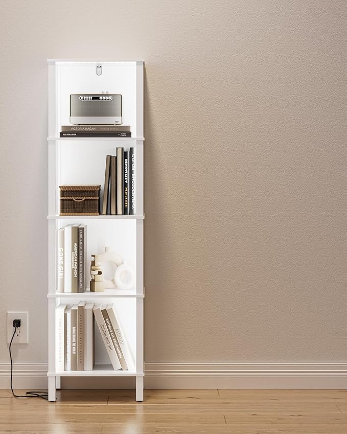 Bookshelf with LED Lights, Modern 4-Tier Bookcase, Open Storage Book Shelf, 11 × 14.2 × 50.4 Inches, Small Narrow Bookshelves for Living Room, Home Office, Bedroom, White
