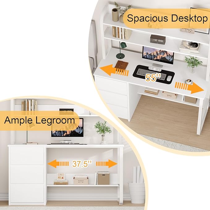 White Desk with Hutch, 55 Inch Computer Desk with 3 Drawers for Bedroom, Study Writing Desk with Shelves for Small Spaces, Adjustable Feet