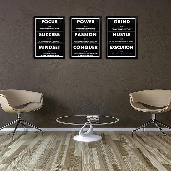 Inspirational Canvas Paintings 3 Pieces Motivational Office Wall Art Success Wall Decor Hustle Quotes Posters Wall Picture Framed Artwork Living Room Bedroom Home Decoration (48" Wx24 H)