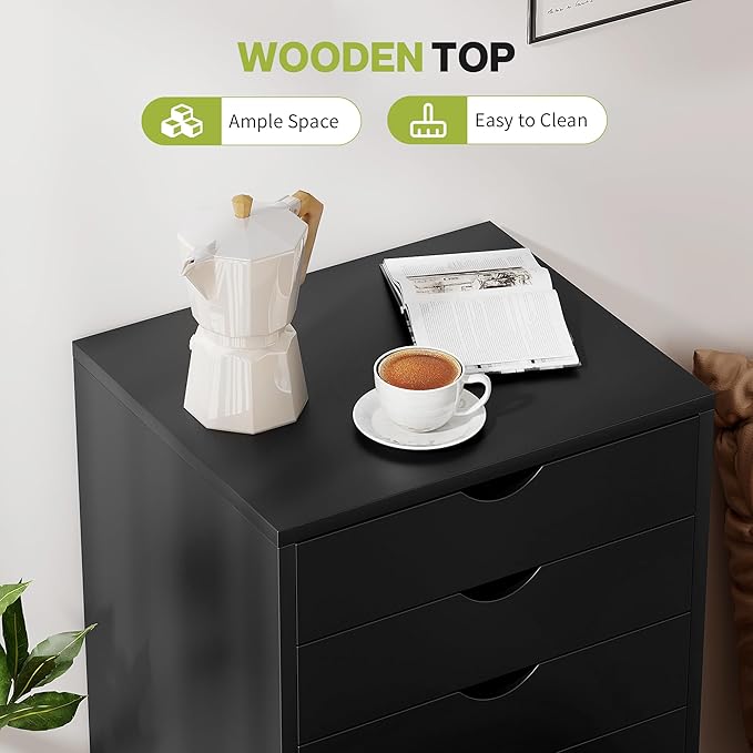 7-Drawer Chest, Office File Cabinet with Wheels, Black