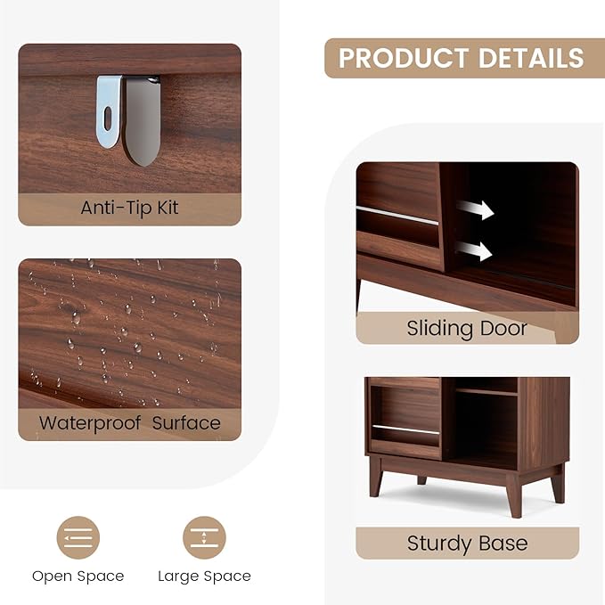 JOMEED 4 Tier Bookshelf with Sliding Door and Magazine Rack, Double Wide Modern Bookcase with Sturdy Legs, Floor Standing Display Book Cabinet for Living Room, Bedroom, Library, Office Walnut