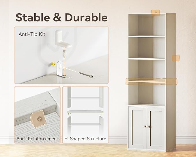 Casaottima Bookshelf and Bookcase with Doors, Floor Standing 6-Tier Shelf Display Storage Shelves, Tall Bookcases for Home Office, Living Room, White