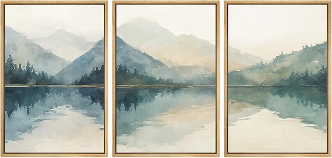 SIGNWIN Framed Canvas Print Wall Art Set Calm Lake Reflection Watercolor Mountain and Water Illustrations Modern Art Decorative Abstract for Living Room, Bedroom, Office - 24"x36"x3 Natural