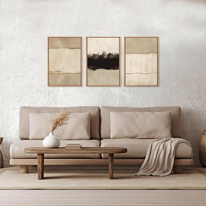 Ausril Large Neutral Textured Framed Canvas Wall Art Set, Minimalist Beige Shapes Wall Decor, Abstract Grunge Landscape Wall Painting, Modern Textured Art Prints for Living Room, Bedroom 24"x36"x3