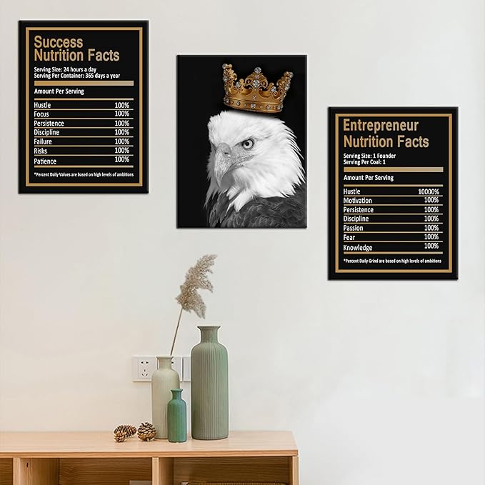 Inspirational Canvas Wall Art Home Decor 3 Piece Poster Print Eagle Success Nutrition Facts Motivational Quotes Painting Artwork for Home Bedroom Bathroom Wall Picture Ready to Hang [36''W x 16''H]