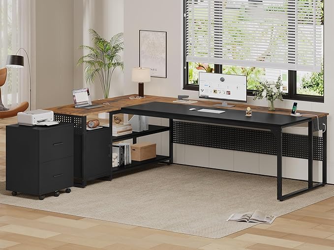 71" Executive Desk, Reversible L Shaped Desk with Mobile File Cabinet & Power Outlets, Large Office Desk with Drawers, Storage Shelves, Hooks, Corner Computer Desk for Home Office