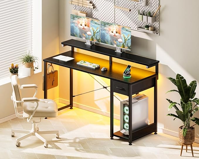 AODK Gaming Desk with LED Lights, 55 Inch Computer Desk with Drawers, Reversible Small Desk with Monitor Stand & Headphone Hook for Home Office, Black