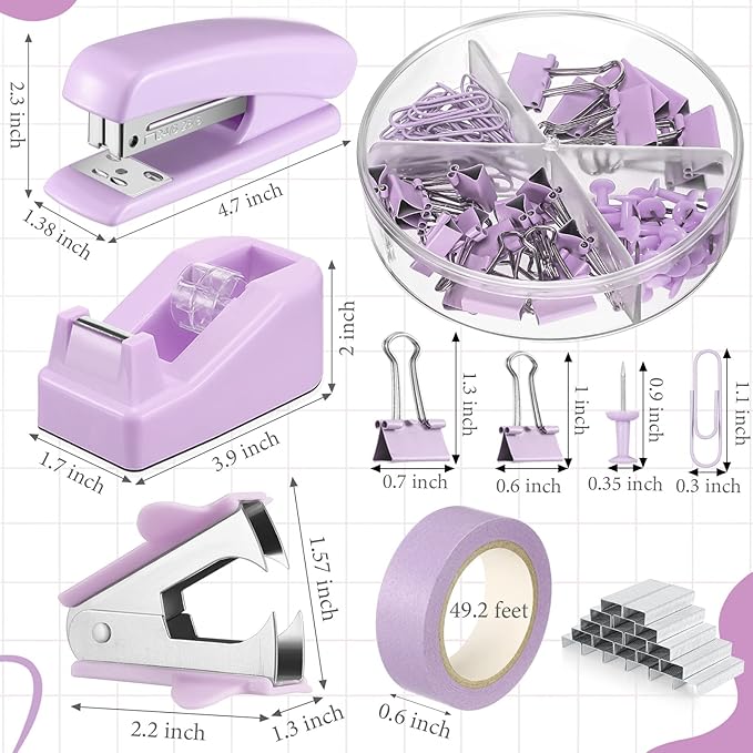 Office Supplies Set Desk Accessory Kit Include Stapler, Staples, Staple Remover, Tape Dispenser, 22 Binder Clips, 30 Paper Clips, 20 Push Pins, 2 Rolls Tape, for Women Christmas Gift (Purple)