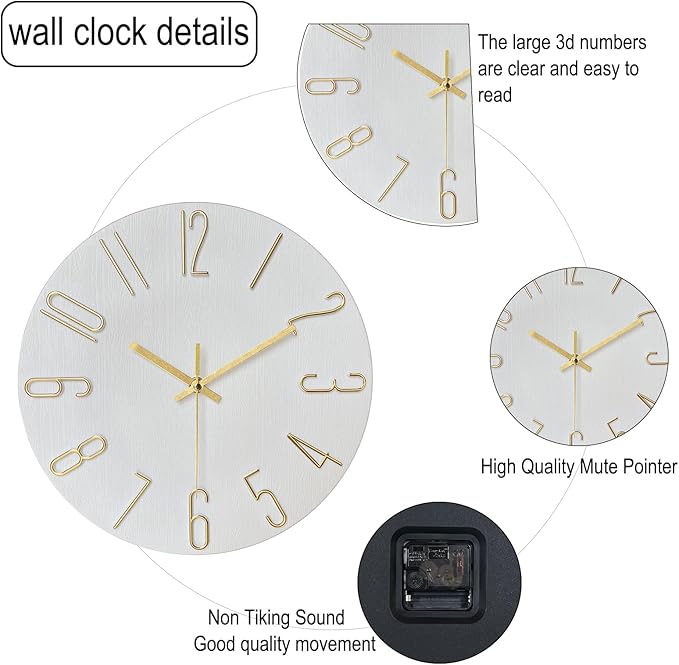 AIRUIFU Wall Clock 12 Inch Silent Non-Ticking Modern Clocks Battery Operated - Analog Small Classic for Office, Home, Bathroom, Kitchen, Bedroom, School, Living Room (White)