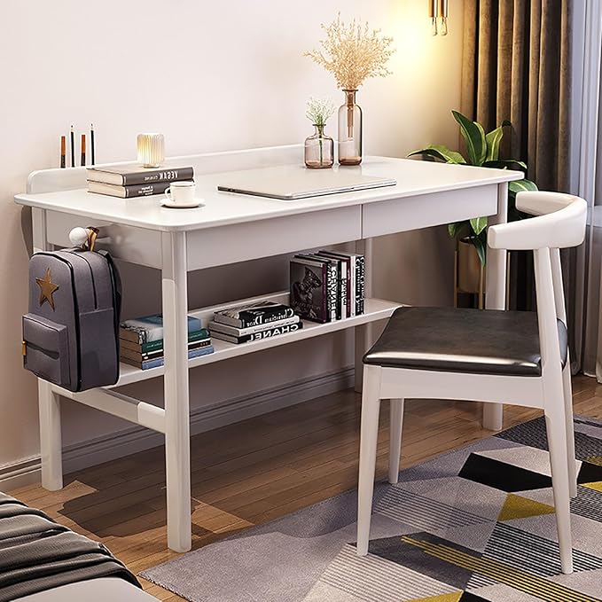 SAZDFY Solid Wood Home Office Desk Workstation, Writing Desk with 2 Drawer and Shelves,Mid Century Modern Computer Desk PC Study Table for Small Spaces(100x60x75cm(39x24x29in), White1)