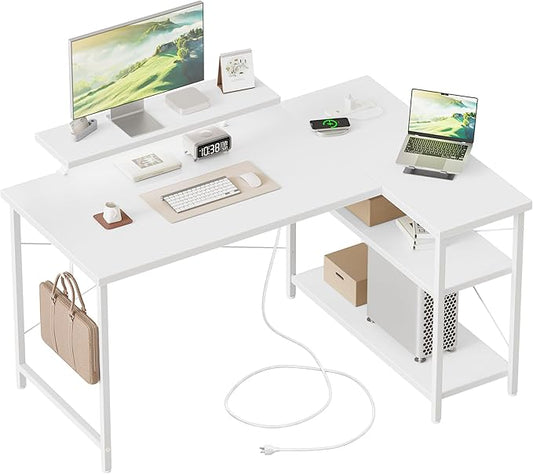 Mericonia Small L Shaped Computer Desk with Power Outlets, Reversible Gaming Desk with Storage Shelves & Monitor Stand, Corner Gamer Desk Table, Study Writing Table