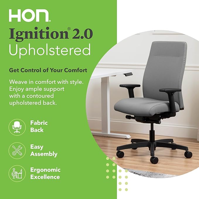 HON Ignition 2.0 Fabric Office Chair, Upholstered, Adjustable Arms, Advanced Synchro-Tilt Recline Executive Ergonomic Office Chair, Black Frame, Frost