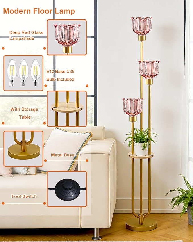 Lightdot Glass Floor Lamp for Living Room 3-Lights Modern Dimmable Gold Floor Lamp with Rose Red Glass Shade & 3000K Bulbs Included Unique Tall Standing Lamp for Bedroom/Sofa Beside/Corner Decor