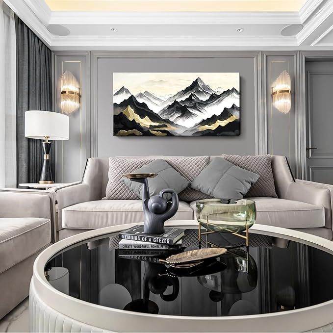 amatop Abstract Mountain Wall Art, Large Modern Canvas Print - Black White and Gold Landscape Nature Picture, Horizontal Inspirational Artwork for Living Room, Office, Bedroom and Bathroom Wall Decor (48x24 Inch)