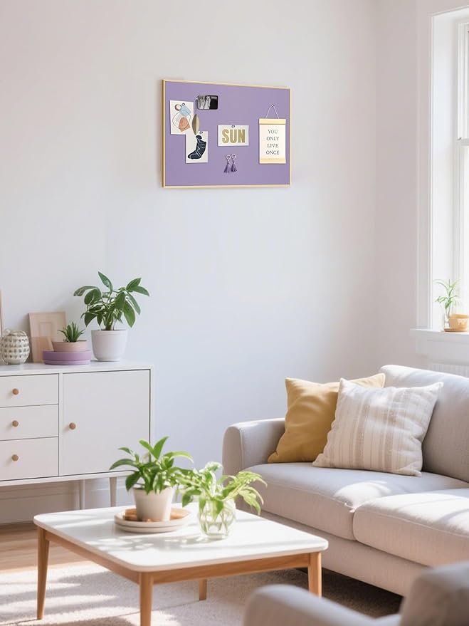 Bulletin Board 16 x 12 inches, Mystic Violet Pin Board, Golden Aluminum Framed Fabric Cork Board with 10 Push Pins