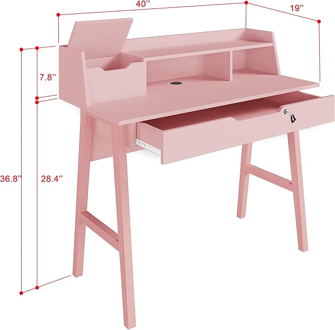 Modern Design Roma Small Desk for Bedroom, 40 inch Pink Writing Desk with Hutch and Locking Drawer, by Crafts and Comfort