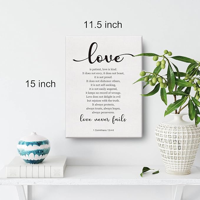 Bible Verse Art Wall Decor 1 Corinthians 13:4-8 Love Never Fails Scripture Canvas Painting Print for Home Living Room Decor Framed Artwork Christian Wedding Gifts(12x15 Inch)