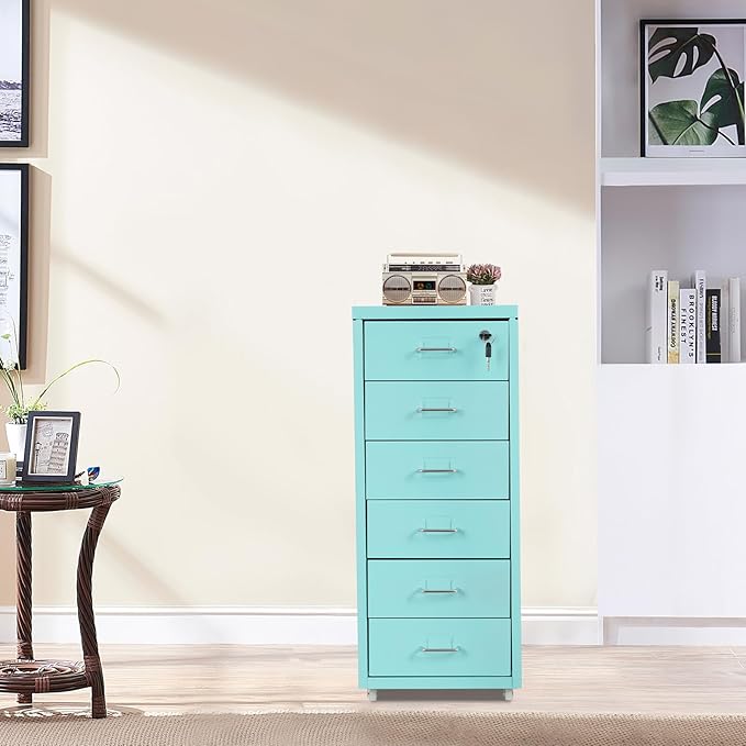 6-Drawer Metal File Cabinet, Metal Filing Storage Vertical Cabinets with Lock Home Office Filing Cabinets for Organization Hanging Letter/Legal/F4/A4 (Light Blue)