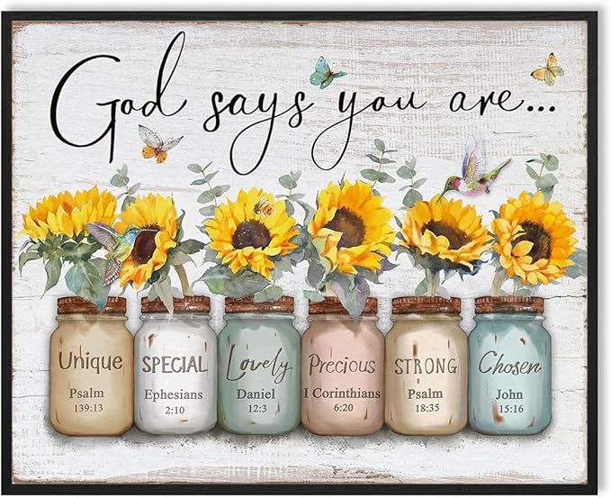 God Says You Are Wall Art: Christian Wall Art Framed Inspirational Quotes Bible Verse Wall Decor for Living Room Bedroom,Sunflower Pictures Religious Scripture Wall Art Prints Posters 12"x15"