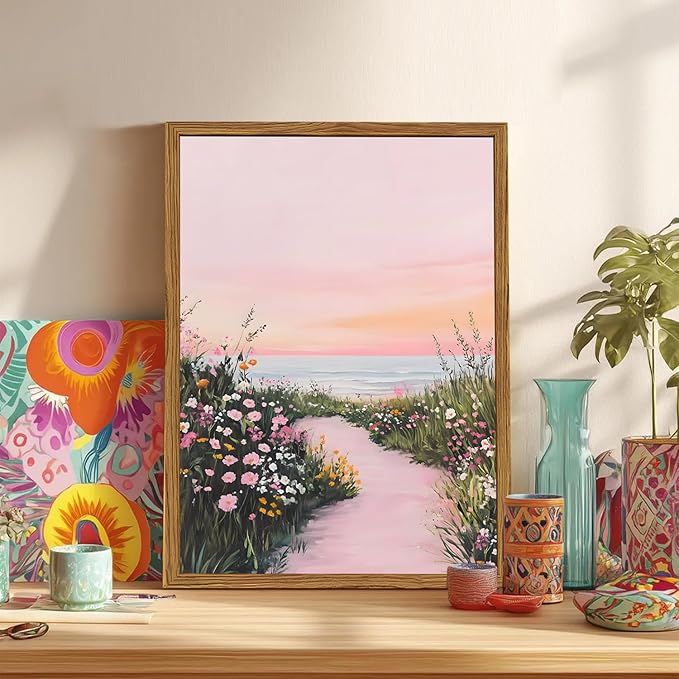 Framed Vintage Landscape Wall Art, Pink Floral Coastal Pictures Wall Decor, Rustic Wildflower Nature Paintings Canvas Prints Home Decor Aesthetic for Living Room Bedroom Bathroom 16x24 inch