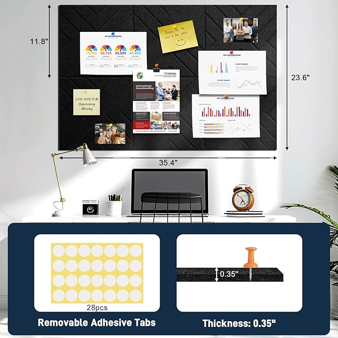 Large Cork Board Alternative - 6 Pack 36" x 24" Felt Wall Tiles with Safe Removable Adhesive Tabs, Black Cork Boards for Walls Pin Board Bulletin Board Cork Board for Office