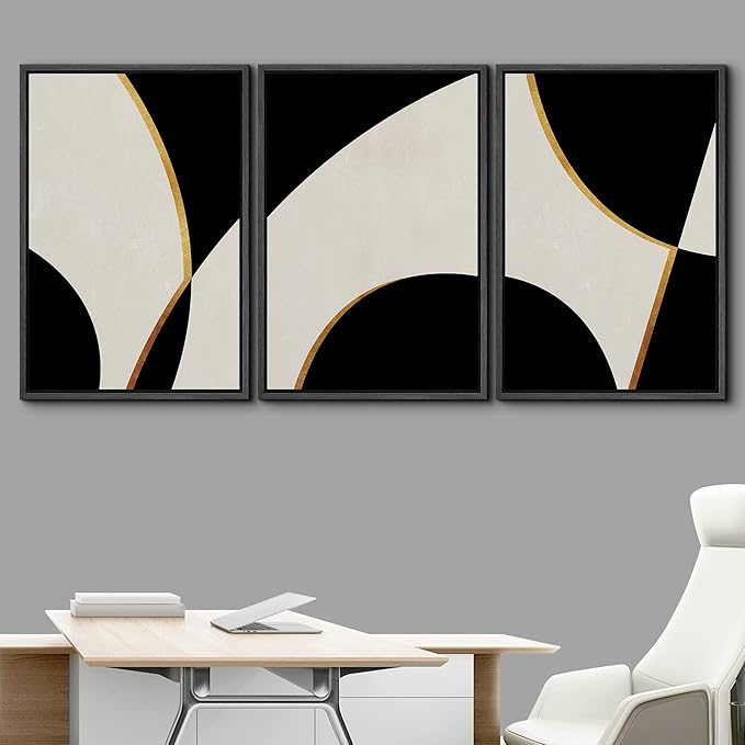 IDEA4WALL Framed Canvas Print Wall Art Set Art Deco Mid-Century Black Gold Polygons Abstract Shapes Illustrations Modern Art Decorative Contemporary for Living Room, Bedroom, Office - 24"x36"x3 Black