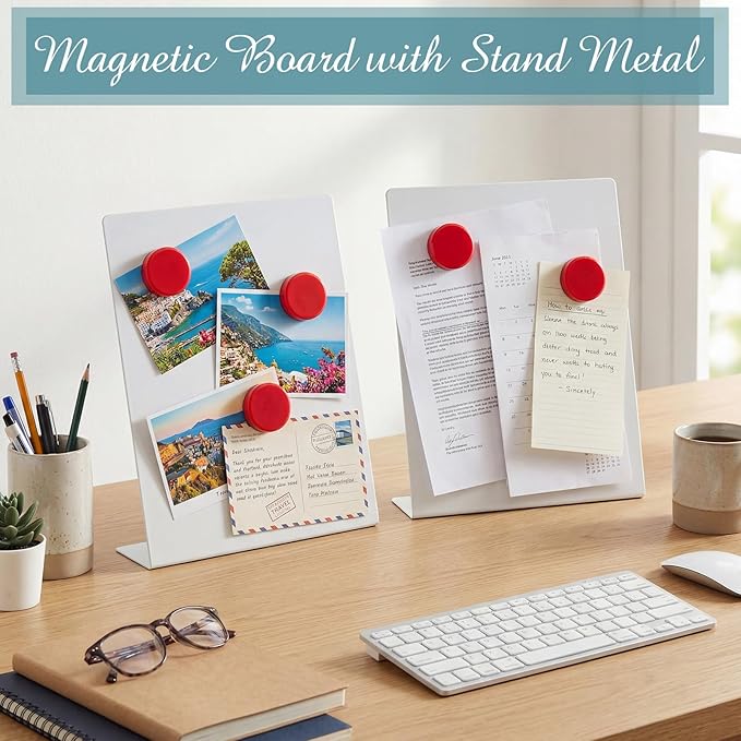 Fainne White 2 Pcs Magnetic Bulletin Board with Easel Stand 11 x 8.5 x 2.4 Inches Mini Magnet Metal Tabletop Memo Display Board for Back to School Menu Table Office Supplies