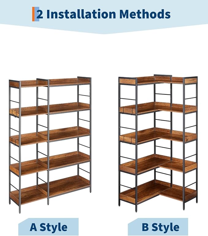 Garvee Bookshelf 5 Tier with 4 Hooks, Reversible Corner Bookshelf, 65" Industrial Wooden Bookcase with Open Shelves and Metal Frame for Living Room, Bedroom, Home Office, Rustic Brown
