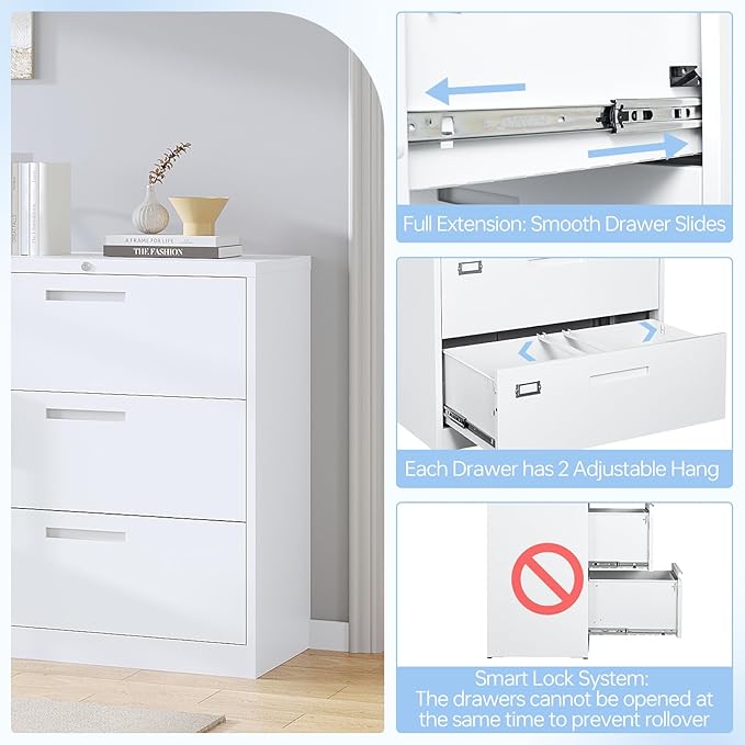 3 Drawer Lateral File Cabinet with Lock, Metal Filing Cabinets for Home Office, Wide Locking File Caninets, White Office Storage Cabnet for Hanging Letter/Legal / A4 / F4 - Assembly Required