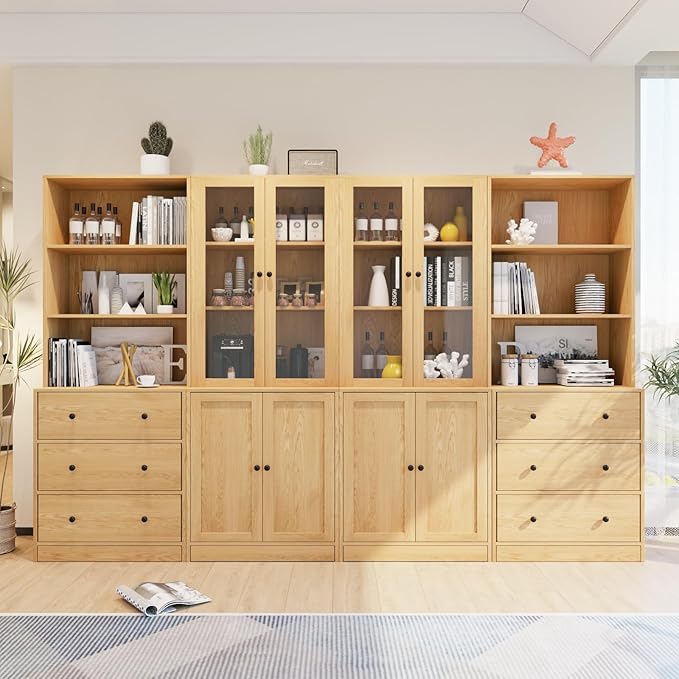 TUSY 71" H Bookshelf with Storage, 6-Tier Modern Bookshelves with 3 Large Drawer, Display Bookcase with Glass Doors, Modern 5-Tier Curio Cabinet for Home Office, Dining Room (Wood, AB)