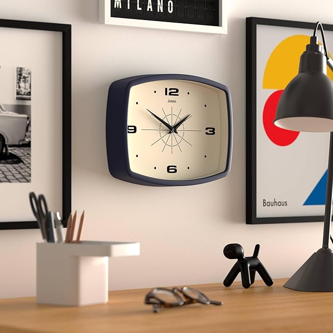 JONES CLOCKS® Movie Wall Clock | Rectangular Retro Clock | 25cm | Blue | Cool mid-Century Designer Look for Kitchen, Living Room or Office