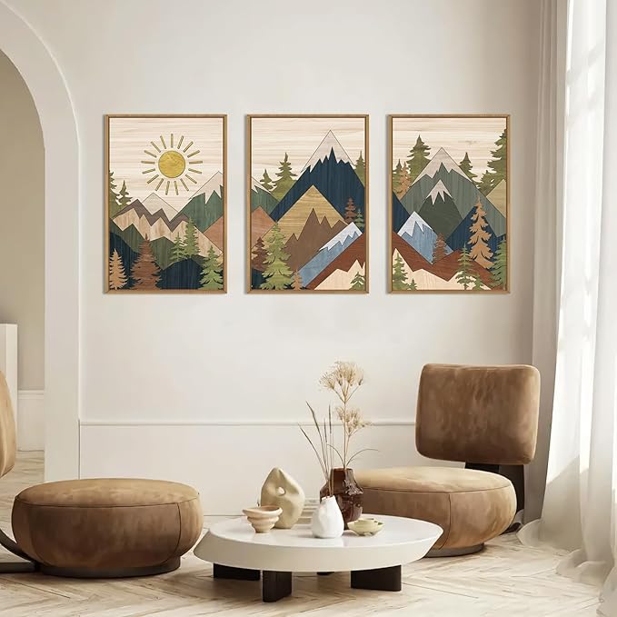 Large Abstract Mountain Woodcut Framed Canvas Wall Art,Vintage Pine Tree Wall Decor,Rustic Nature Forest Painting,Neutral Artwork for Living Room,Bedroom,Dining Room,Farmhouse -16"x24"x3