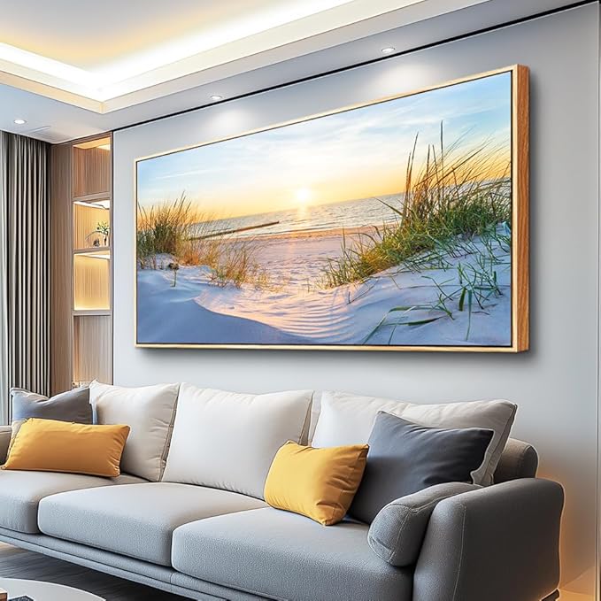MHARTK66 Sunset Beach Wall Art for Living Room Golden Sunlight Sea Grass Dune Blue Ocean Seascape Picture HD Print On Canvas for Bedroom Office Home Decoration Framed Artwork Ready to Hang 30"x 60"