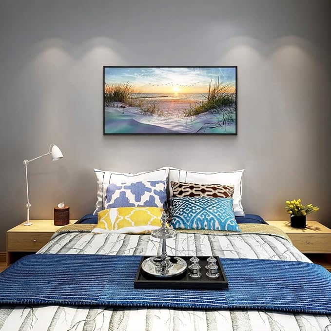Black Wood Framed Canvas Wall Art For Living Room Large Size Wall Decor For Bedroom Ocean Beach Wall Paintings Office Decorations Sunny Sea Seascape Pictures Works Room Home Decor 20" X 40"