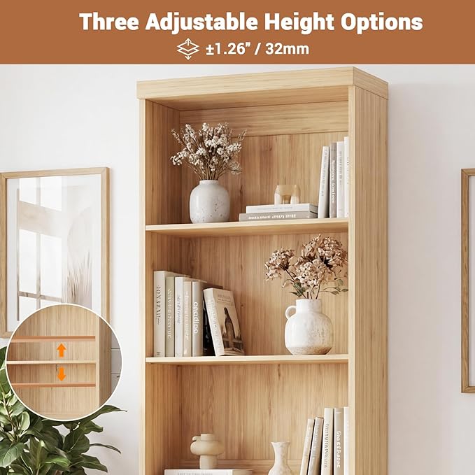 Cyclysio 80" Bookshelf with 3 Drawers, Tall Bookcase with Thickened Top Panel and 3-Tier Open Shelves, Tall Storage Cabinet for Home Office, Living Room, Natural, Set of 2
