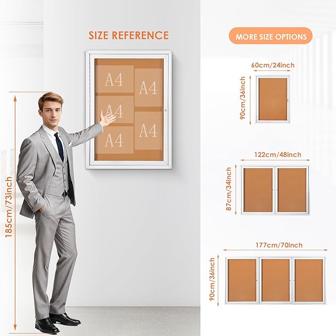 Outdoor Bulletin Board Weatherproof 72x36 in,Enclosed Bulletin Board with Locking Door, Wall Display Case for Office School Home Commercial, Silver Aluminum Frame, Cork