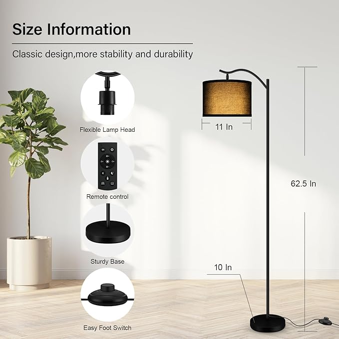 BoostArea Floor Lamp for Living Room,Arc Floor Lamp with Remote Control,Stepless Dimmable Brightness & Colors Temperature 2700k-6500k,Modern Standing Lamp for Bedroom Study Room Office,Black