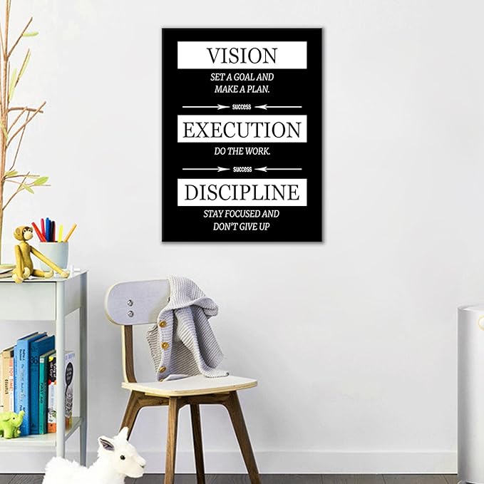 Motivational Canvas Poster Wall Art Inspirational Office Decor Vision Execution Discipline Positive Picture Painting Wall Artwork for Kitchen Teens Room Office Framed Ready to Hang [18''Wx24''H]