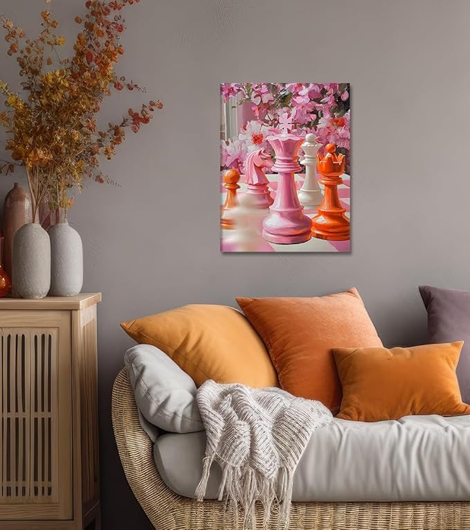 Chess Canvas Wall Art - Colorful Chess Pieces with & Pink Floral Painting, Modern Inspirational Artwork Intelligence Game Decor for Living Room, Office, Home, Stretched Framed (18x 24 in)