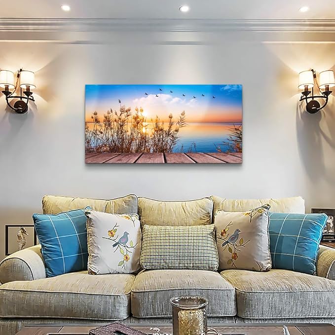 MHARTK66 Beach Sunset Wall Art Coastal Decor Seascape Canvas Prints Ocean Picture for Living Room Artwork for Walls Beach Grass Poster Landscape Painting Bedroom Wall Art Office Home Decoration 20"x 40"
