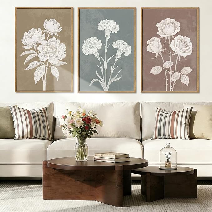 BINCUE Large Neutral Botanical Wall Art Rustic Floral Wall Decor Floral Painting 24x36 Inches Flower Print Flower Artwork Botanical Art Paintings for Living Room Bedroom Bathroom Dining Room Farmhouse Set of 3 Spring Plants Decor