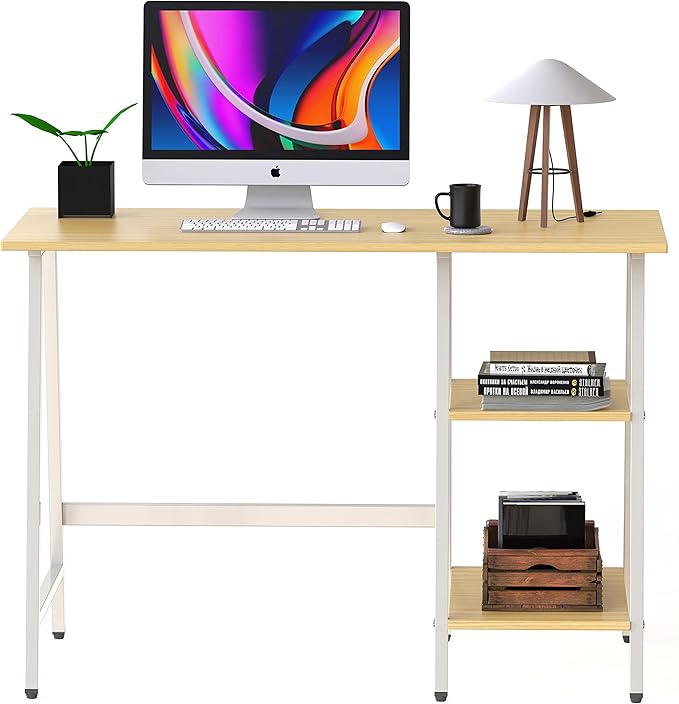 SHW 43-Inch Home Office Trestle Computer Desk with Open Storage Shelves, Oak