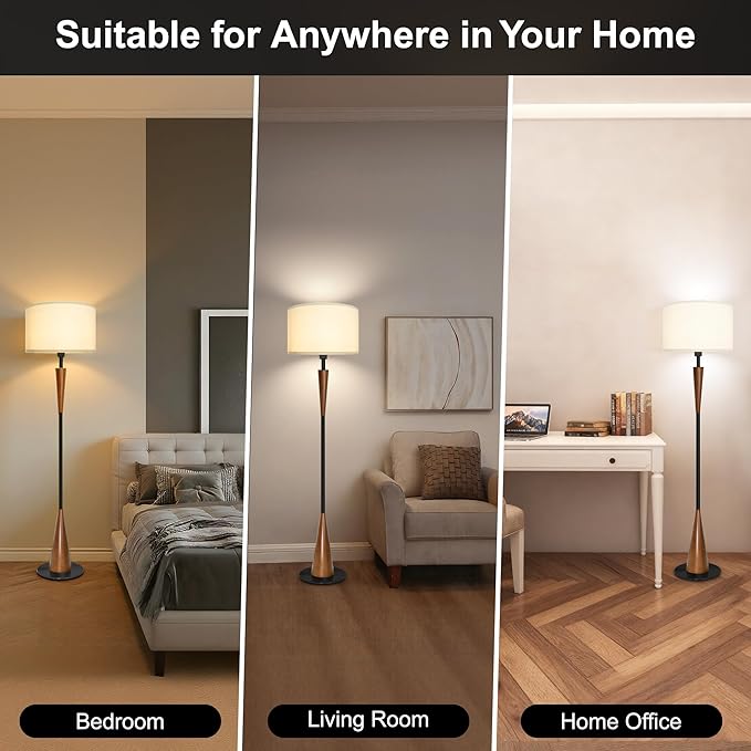 Floor Lamp for Living Room, Wood 3 Color Temperatures & Linen Shade, Modern Reading Standing Lamp with 9W LED Bulb, Mid Century Night Light for Farmhouse, Bedroom, Office