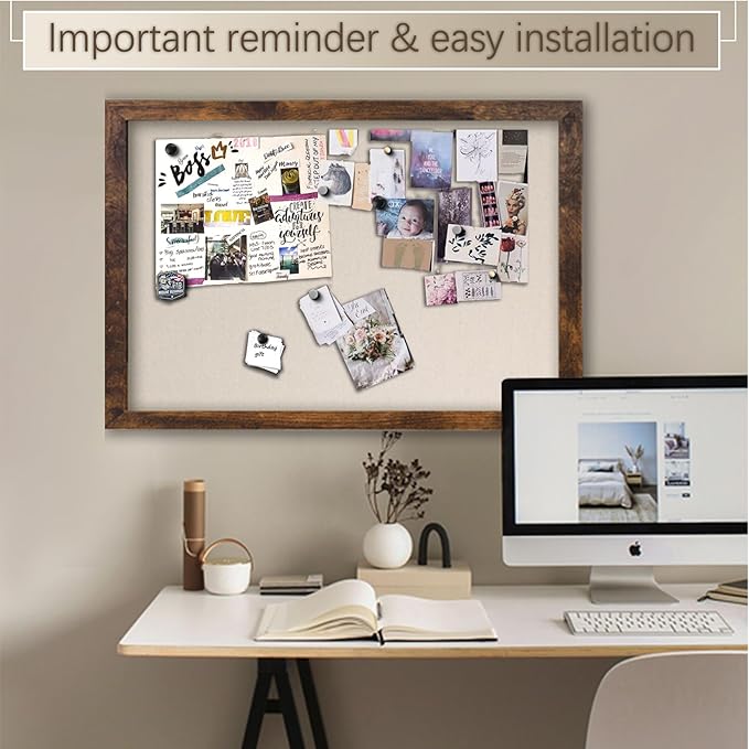 Large Magnetic Bulletin Board 43 x 31 Inch for Wall,Rustic Framed Cork Board with Linen for Home Office School,with 4 Push pins, 4 Magnets